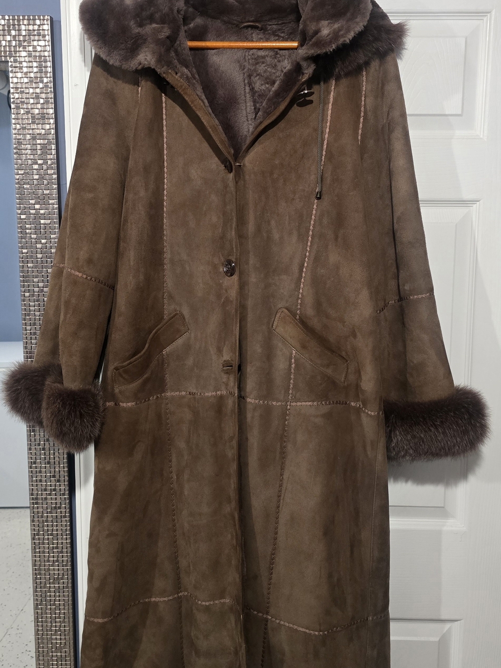 Women's Brown Shearling Hooded Long Coat with Fur Trim